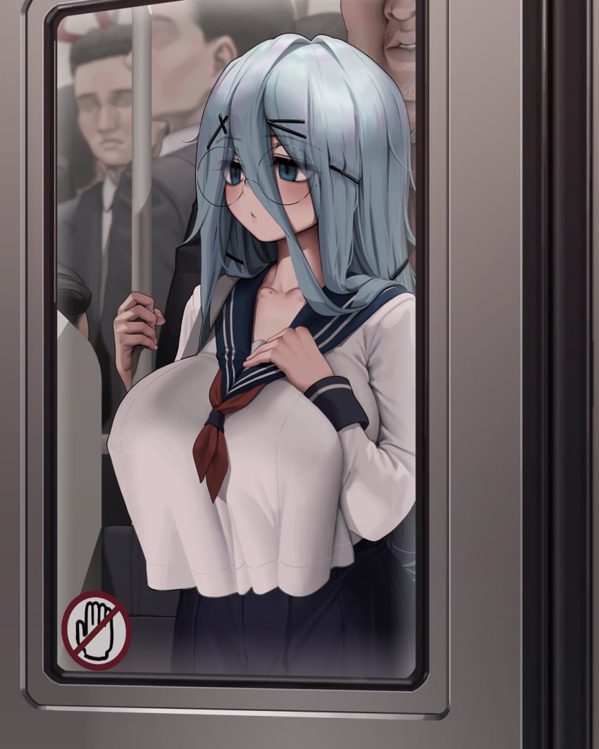 1girls blue_eyes blue_hair breasts female_focus glasses large_breasts letdie1414 male multiple_boys nerd nerdy_female older_male older_man_and_teenage_girl original original_character public public_indecency public_sex public_transportation public_use round_eyewear school_uniform schoolgirl train train_interior window