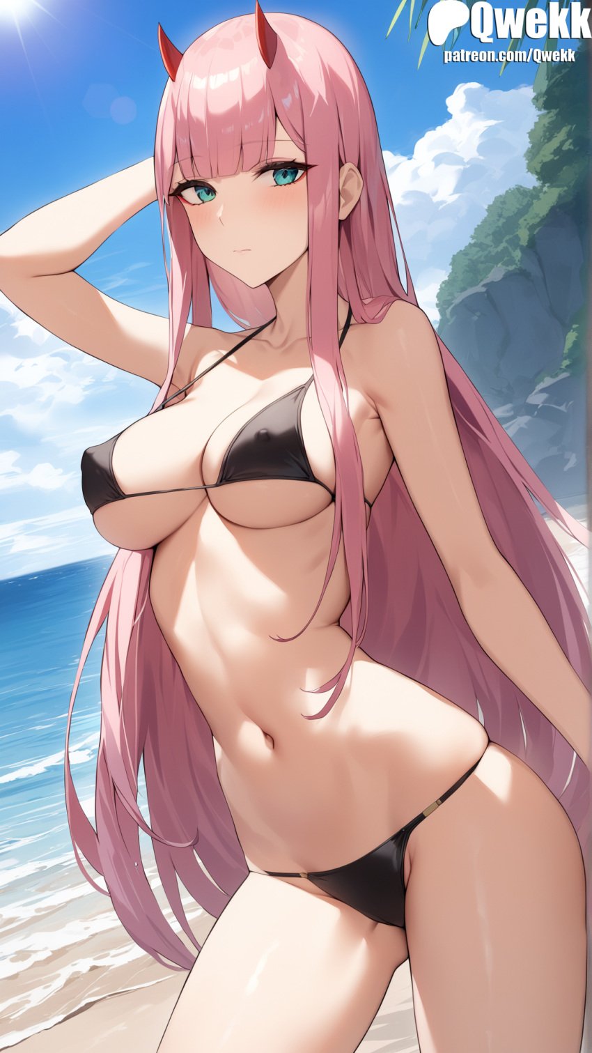 1girls 2024 ai_generated bikini blue_eyes breasts covered_nipples cute darling_in_the_franxx female light_skin patreon pink_hair qwekk stable_diffusion straight_hair sweat zero_two_(darling_in_the_franxx)