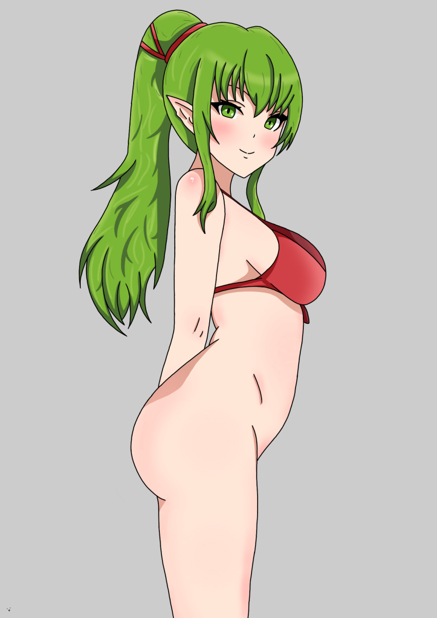 1girls alternate_costume arms_behind_back ass bangs bare_arms bare_midriff bare_thighs big_ass bikini bikini_top blush bottomless breasts female female_only fire_emblem fire_emblem_awakening fire_emblem_heroes green_eyes green_hair grey_background li9mo long_hair looking_at_viewer looking_to_the_side medium_breasts midriff nintendo official_alternate_costume pointy_ears ponytail red_bikini red_swimsuit sidelocks solo swimsuit thighs tiki_(adult)_(fire_emblem) tiki_(adult)_(summer)_(fire_emblem) tiki_(fire_emblem)