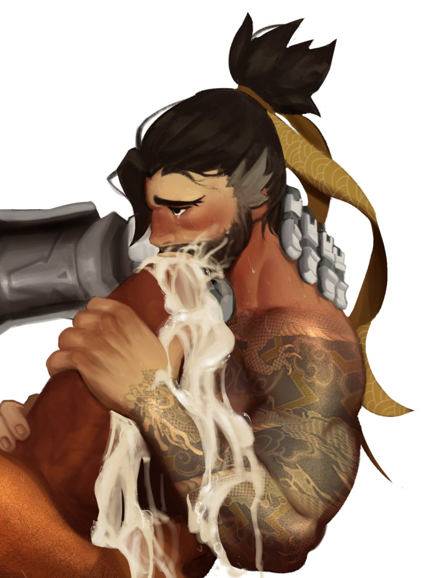 2boys arm_tattoo bara big_penis black_hair blizzard_entertainment blowjob blush cole_cassidy covered_in_cum crying cum cum_in_mouth gay hanzo hanzo_shimada large_penis male_only muscular muscular_male no_background overwatch overwatch_2 pecs penis prosthetic prosthetic_arm tagme tattoo wrungt_(artist) yaoi