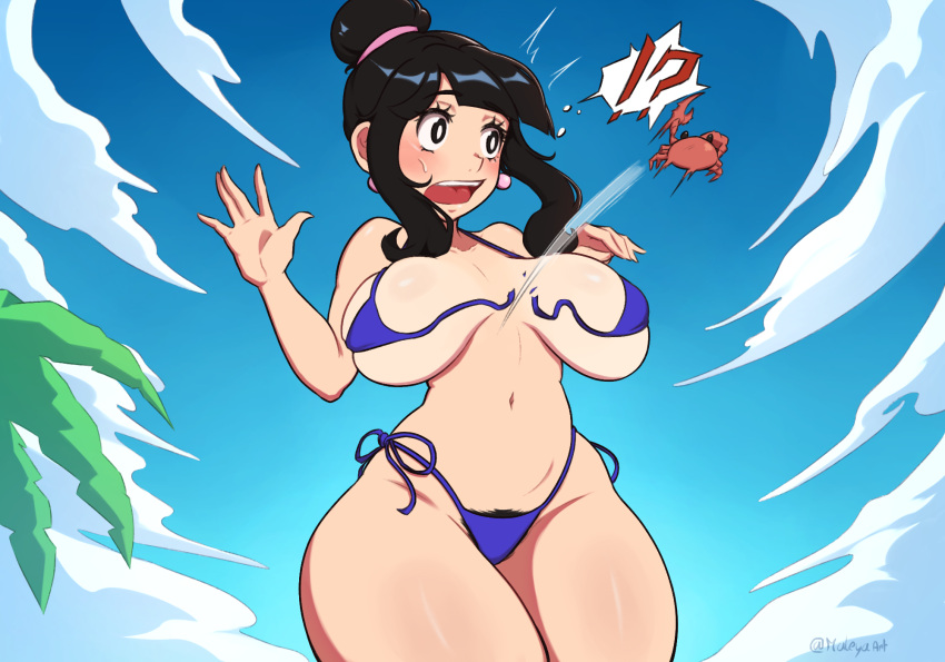 !? 1girls artist_name assisted_exposure bikini black_hair blush breasts chichi cloud crab dragon_ball dragon_ball_z earrings female female_only female_pubic_hair flying_sweatdrops hair_bun jewelry large_breasts maleyaart navel open_mouth palm_tree pubic_hair pubic_hair_peek side-tie_bikini_bottom single_hair_bun sky solo solo_female speech_bubble spoken_interrobang surprised swimsuit teeth thick_thighs torn_bikini torn_clothes twitter_username upper_teeth_only wardrobe_malfunction wide_hips