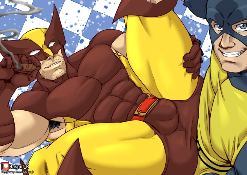 2boys armpit_hair bara beard beast_(x-men) big_bulge bulge clothing flaccid gay hank_mccoy hasout_b logan_(x-men) male male/male male_only manly marvel marvel_comics mask masked_male missionary_position muscular muscular_male penis_outline tight_clothing wolverine_(x-men) x-men yaoi