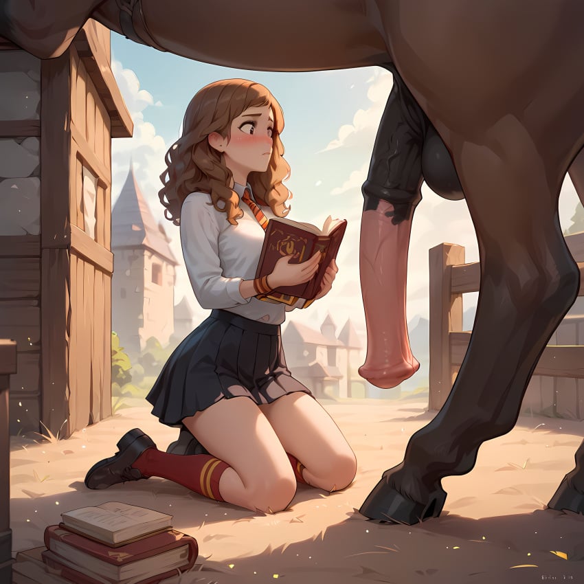 ai_generated book female feral gryffindor gryffindor_tie harry_potter hermione_granger hogwarts hogwarts_school_uniform hogwarts_student horse horsecock interspecies kneeling looking_at_penis pleated_skirt school_uniform schoolgirl schoolgirl_socks schoolgirl_uniform stable_diffusion vlanim witch wizarding_world zoophilia