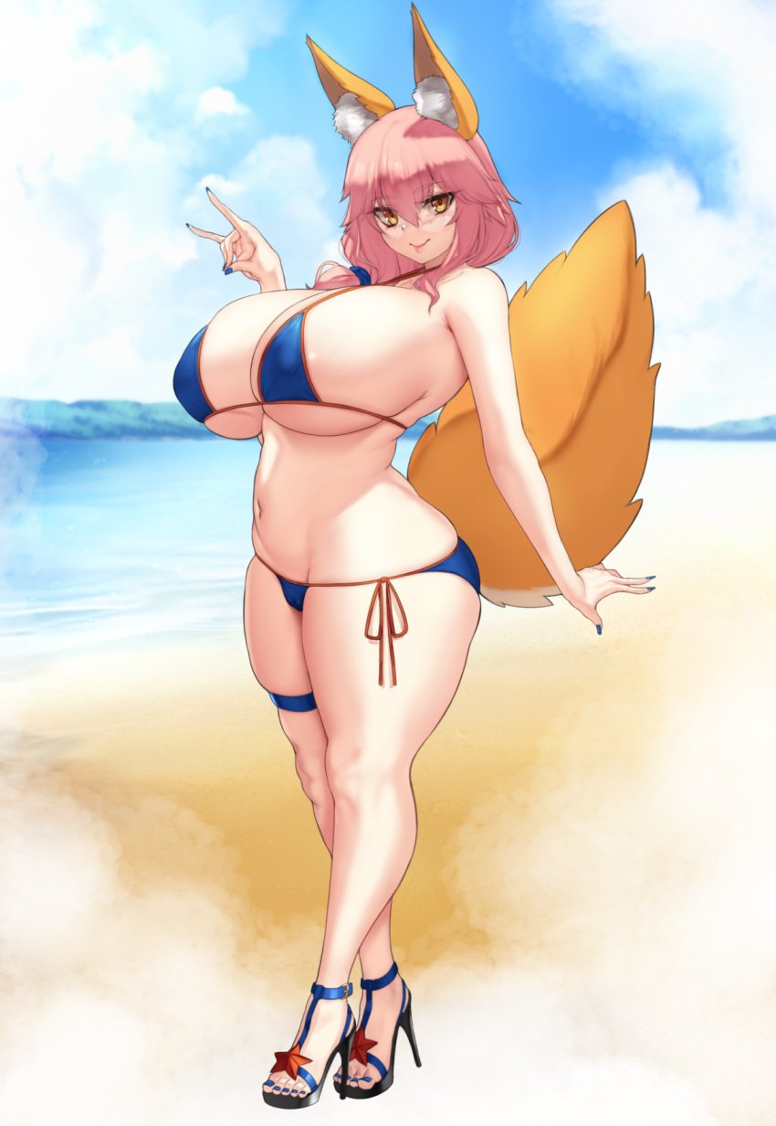 aster_crowley beach bikini fox_ears fox_tail high_heels pink_hair tamamo_no_mae_(fate)