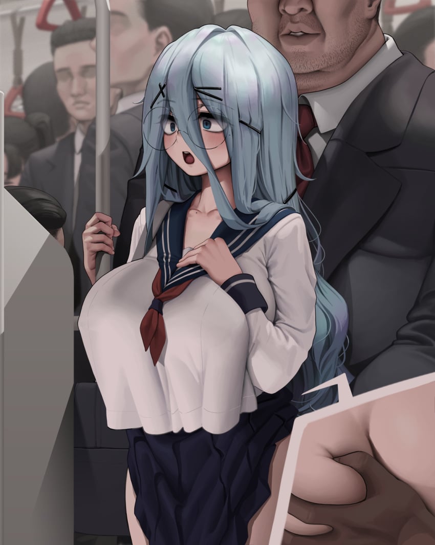 1girls ass_grab blue_eyes blue_hair breasts chikan female_focus glasses groping large_breasts letdie1414 male molestation multiple_boys nerd nerdy_female older_male older_man_and_teenage_girl original original_character panty_pull public public_indecency public_sex public_transportation public_use round_eyewear school_uniform schoolgirl train train_interior window