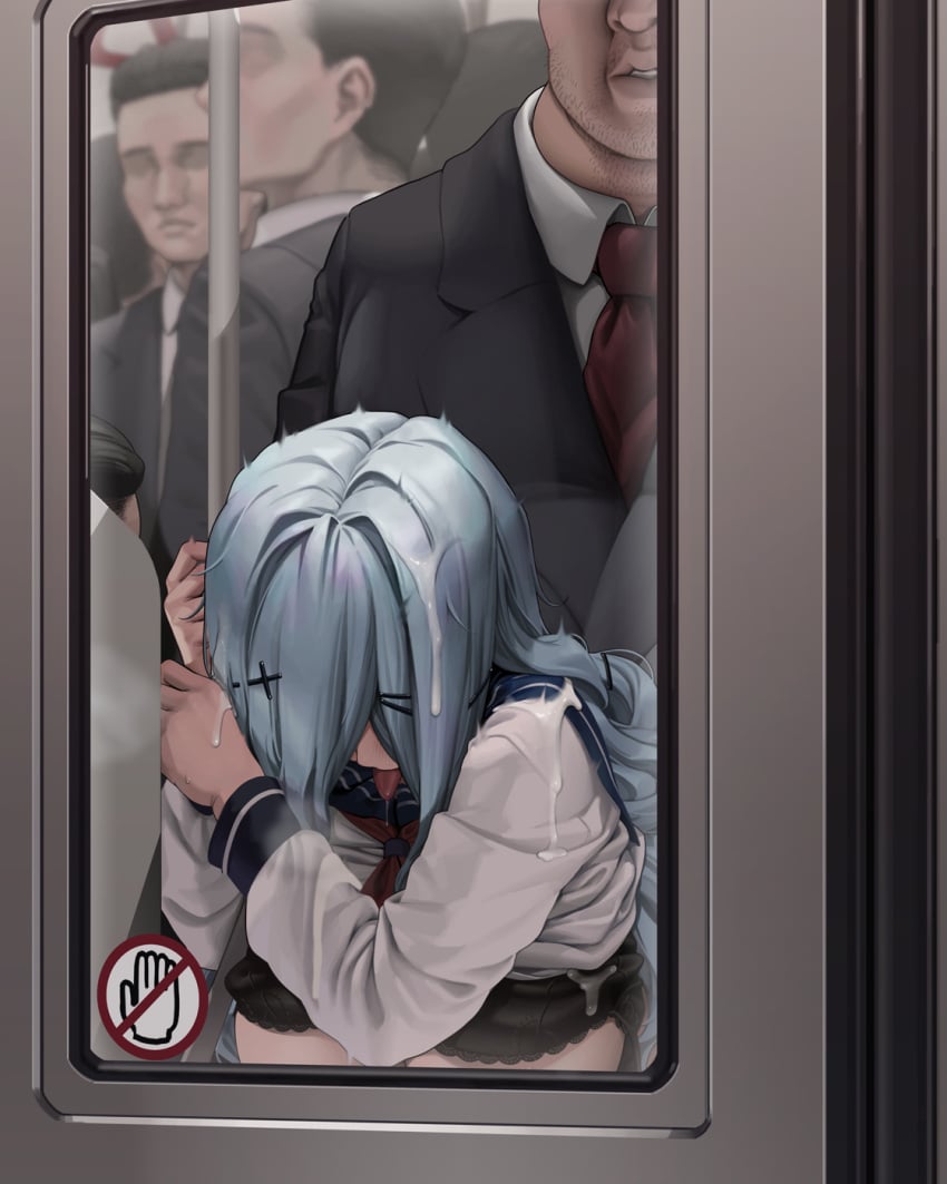 1girls against_glass blue_eyes blue_hair breasts chikan cum_on_clothes cum_on_hair female_focus glasses large_breasts letdie1414 male molestation multiple_boys nerd nerdy_female older_male older_man_and_teenage_girl original original_character public public_indecency public_sex public_transportation public_use round_eyewear school_uniform schoolgirl train train_interior window