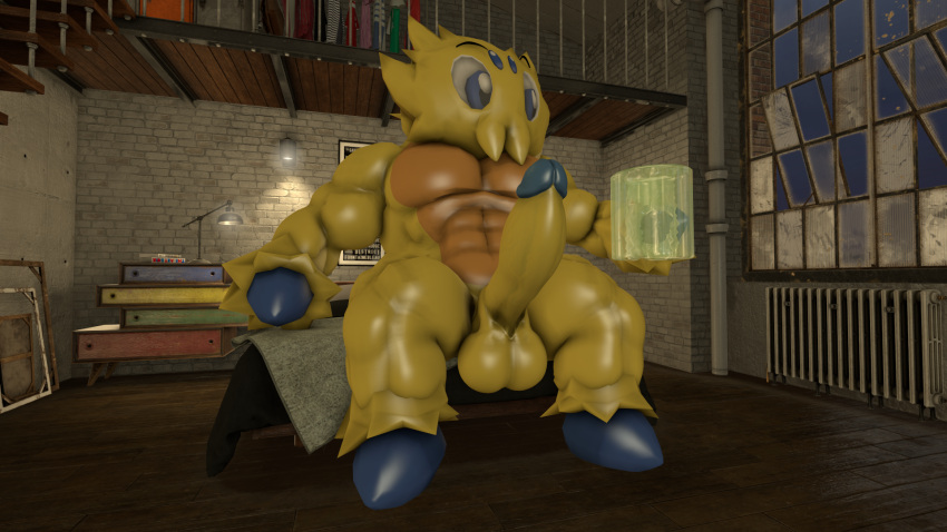 1boy 3d 3d_(artwork) abs bara black_eyes brick_wall colored_skin completely_nude cup erection full_body furry furry_male holding indoors joltik male male_focus male_only mightyk7 mug muscular muscular_male navel night nintendo nude pectorals penis pokémon_(species) pokemon shiny_skin sitting sky solo testicles thick_thighs thighs uncensored veins veiny_penis window wooden_floor yellow_fur yellow_skin