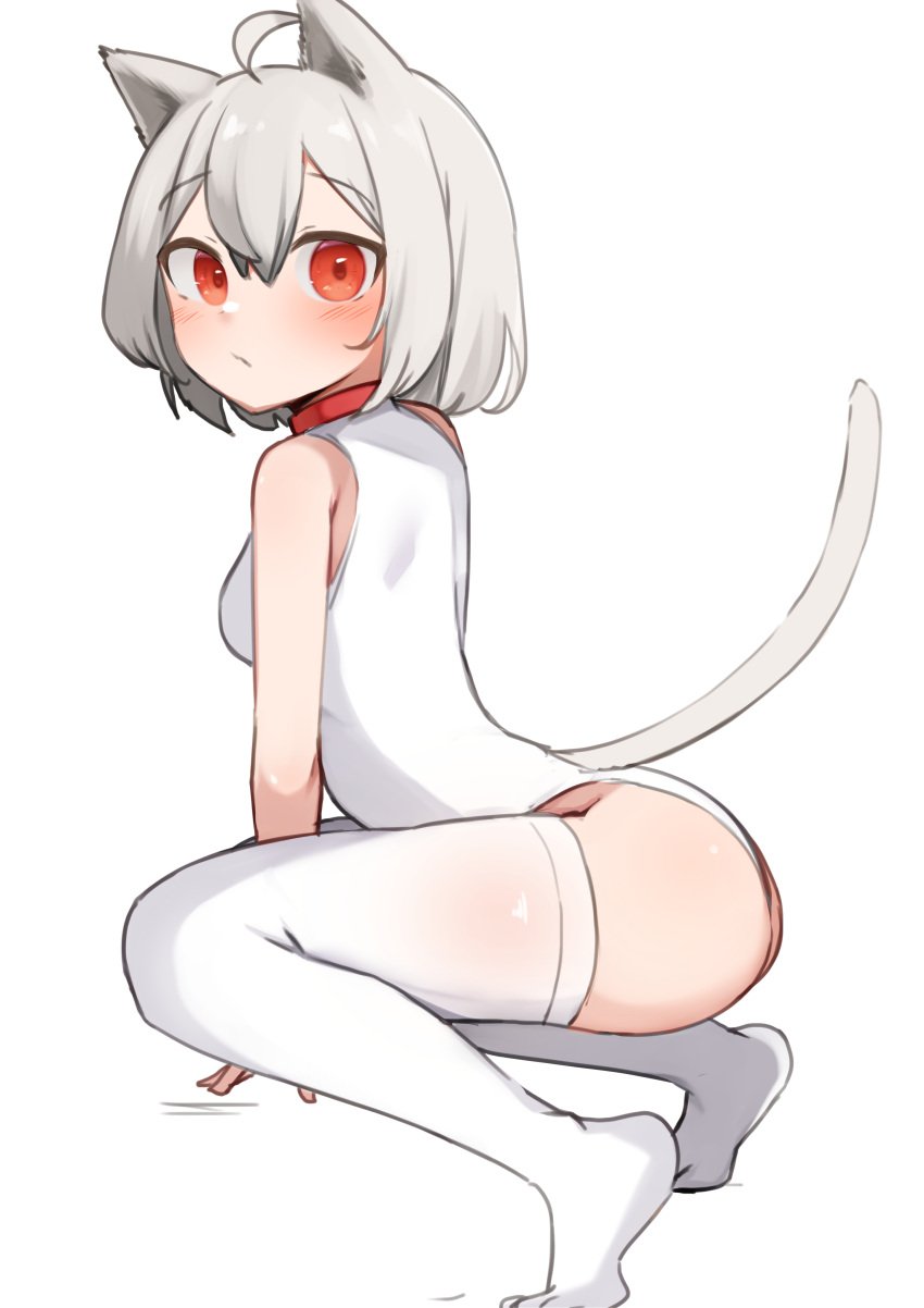 1girl 1girls animal_ears cat_ears cat_tail catgirl collar daebom kemonomimi leotard looking_at_viewer m18_hellcat medium_breasts nekomimi patreon red_collar red_hair squatting tagme tail thighhighs war_thunder white_hair white_leotard