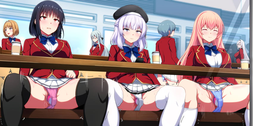 6+girls advanced_nurturing_high_school_uniform beret black_hair black_hat black_thighhighs blazer blonde_hair blue_bow blue_hair blue_panties blush bow braid breasts brown_hair censored classroom_of_the_elite clenched_teeth collared_shirt commentary_request cup daiaru disposable_cup endured_face forced_smile grey_hair hat highres holding_back_orgasm horikita_suzune ibuki_mio ichinose_honami_(cote) indoors jacket kiriyuuin_fuuka kushida_kikyou large_breasts legs_spread light_blue_hair long_hair masturbation mosaic_censoring motion_lines multiple_girls panties pink_panties pleated_skirt public public_indecency pussy pussy_juice red_jacket resisting_orgasm sakayanagi_arisu school_uniform sex_toy shiina_hiyori shirt short_hair skirt spread_legs teeth thighhighs trembling trying_not_to_cum under_the_table underwear vaginal_penetration vibrator vibrator_under_clothes vibrator_under_panties white_hair white_panties white_shirt white_skirt white_thighhighs youkoso_jitsuryoku_shijou_shugi_no_kyoushitsu_e