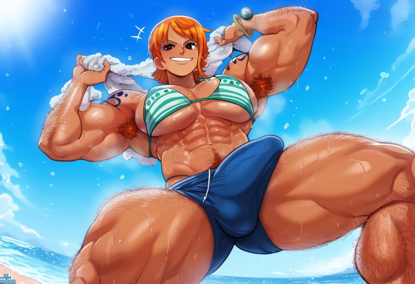 abs ai_generated arm_hair balls beach biceps body_hair bulge crossed_arms dominant erection erection_under_clothes futa_only futanari gloopai hairy huge_arms huge_bulge huge_cock huge_testicles large_balls large_bulge leg_hair looking_at_viewer looking_down muscular nai_diffusion nami nami_(post-timeskip)_(cosplay) novelai one_piece outdoors outside penis post-timeskip pre-timeskip smug solo sunlight sweat sweatdrop sweating sweaty sweaty_body testicles time_paradox