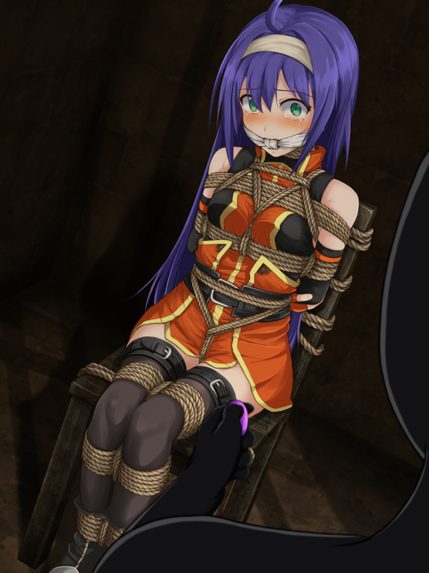 1girls ahoge bare_thighs belt blush bondage boots bound bound_arms bound_legs bound_to_chair bound_wrists breasts captured chair cleave_gag crying crying_with_eyes_open dress dungeon female female_focus femsub femuto fingerless_gloves fire_emblem fire_emblem:_path_of_radiance fire_emblem:_radiant_dawn gag gloves green_eyes headband imminent_rape improvised_gag indoors knot_gag long_hair looking_at_viewer medium_breasts mia_(fire_emblem) nintendo purple_hair rape remote_control remote_control_vibrator restrained rope rope_bondage scared sex_toy sitting sleeveless solo_focus sweater thighhighs thighs vaginal_penetration very_long_hair vibrator wide_eyed