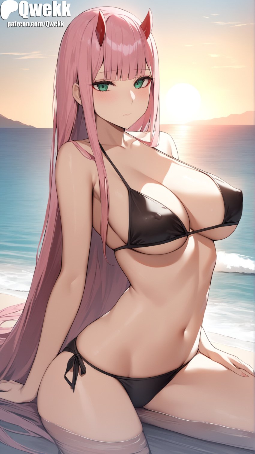 1girls 2024 ai_generated bikini blue_eyes breasts covered_nipples cute darling_in_the_franxx female light_skin patreon pink_hair qwekk stable_diffusion straight_hair sweat zero_two_(darling_in_the_franxx)