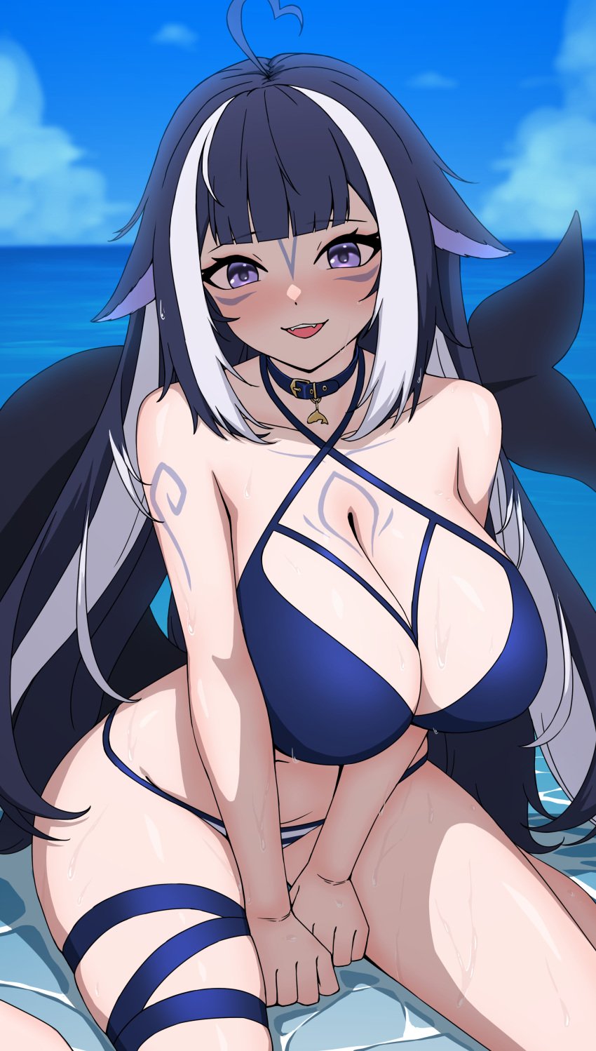 1girls :3 ahoge animal_tail bare_shoulders big_breasts bikini bikini_bottom bikini_top black_hair blue_bikini blue_bikini_bottom blue_bikini_top blue_panties blue_swimsuit blush bodypaint cleavage collar collarbone dayyo_(daydarion/day-chan) female female_only hands_between_legs heart_ahoge highres huge_breasts indie_virtual_youtuber kemonomimi large_breasts light-skinned_female long_hair looking_at_viewer ocean open_mouth open_smile orca_girl outside purple_hair shylily sitting sitting_in_water sky solo striped_panties swimsuit tail thigh_strap thighs virtual_youtuber wariza wet_skin wide_hips