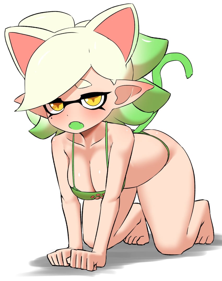 all_fours barefoot bra cat_bra cat_ears cat_tail catgirl cleavage clothing_cutout cute_fangs cutout eyemask fangs fanks female green_bra half-closed_eyes hybrid inkling light-skinned_female looking_at_viewer marie_(splatoon) mole mole_under_eye multicolored_hair nobunagapero on_all_fours open_mouth panties paw_print petplay print_bra short_hair solo solo_female spaghetti_strap splatoon thong white_hair yellow_eyes