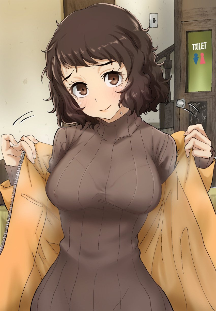 1girls bangs black_hair blush blush_lines bob_cut bra_visible_through_clothes brown_eyes brown_sweater cafe embarrassed female fluffy_hair human jacket kurosususu light_skin light_skinned_female long_sleeves looking_at_viewer mature mature_female messy_hair nipples_visible_through_clothing persona persona_5 removing_clothing removing_jacket sadayo_kawakami short_hair slim slim_waist smile smiling solo steam steaming_body steamy sweat sweatdrop sweater sweater_dress yellow_jacket