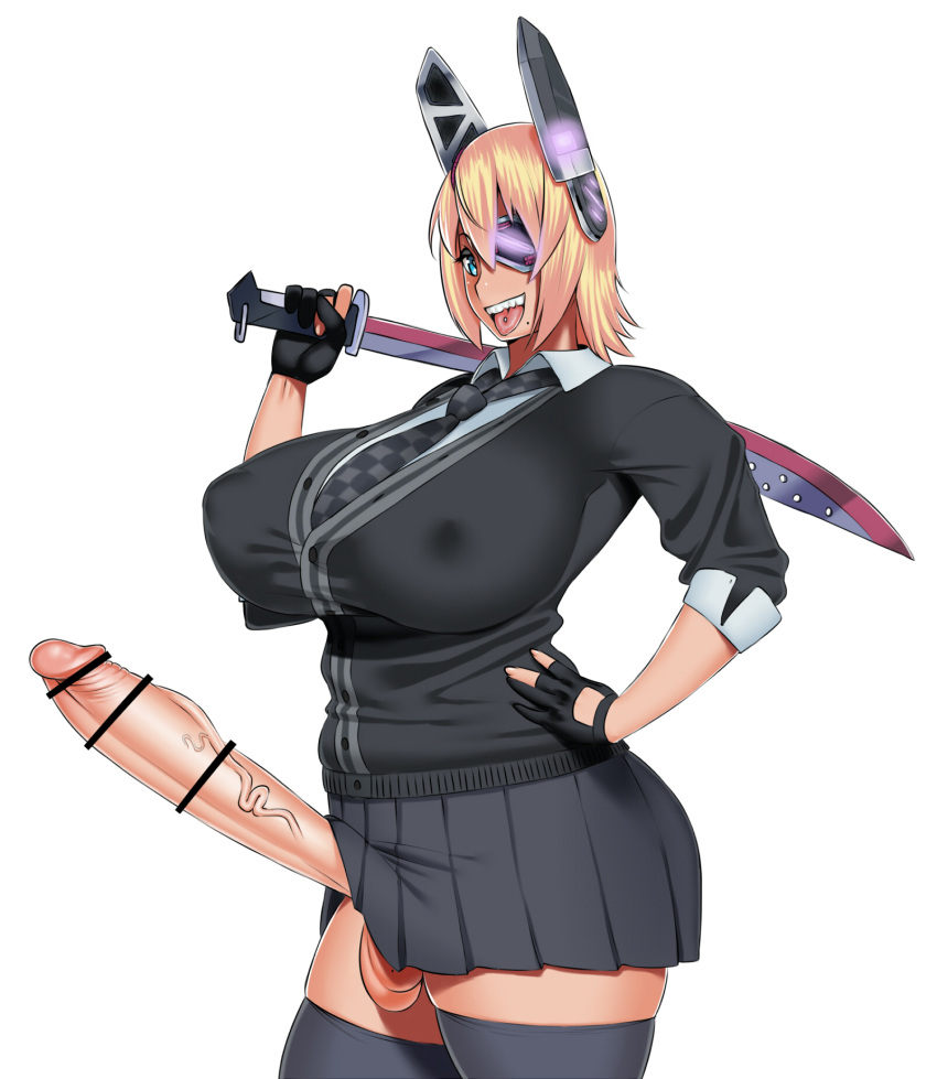 1futa ageha_(burakku-ra) bar_censor blonde_hair breasts burakku-ra censored erection eye_patch futa_only futanari hand_on_hip headgear intersex kantai_collection large_breasts long_penis nipple_bulge penis penis_under_skirt short_hair solo standing sword tenryuu_(kantai_collection) tenryuu_(kantai_collection)_(cosplay) testicles weapon