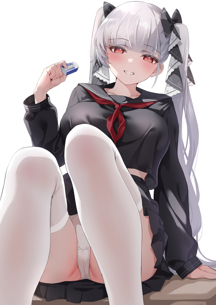 1girls absurdres arm_support azur_lane black_sailor_collar black_serafuku black_shirt black_skirt blush breasts classic_(zildjian33) dot_nose eraser female formidable_(azur_lane) formidable_(the_lover&#039;s_heart_flutters_on_duty)_(azur_lane) grey_hair highres holding large_breasts light-skinned_female light_skin long_hair looking_at_viewer midriff neckerchief official_alternate_costume on_table paid_reward_available panties pleated_skirt red_eyes red_neckerchief royal_navy_(azur_lane) sailor_collar school_uniform serafuku shirt simple_background skindentation skirt smile solo table thighhighs thighs twintails underwear uniform white_background white_panties white_thighhighs