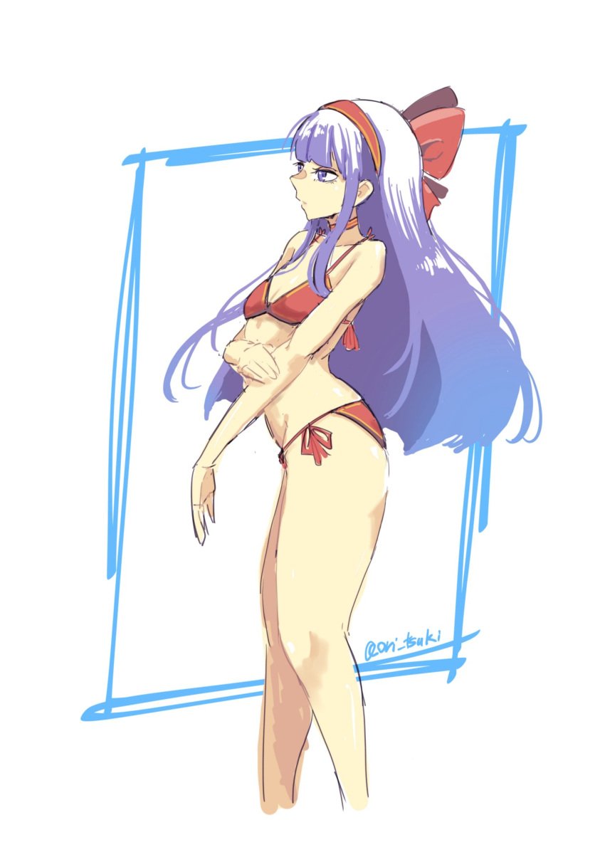 1girls artist_name ass bikini breasts cleavage female female_only from_side hair_ribbon highres king_of_fighters legs long_hair nakoruru ori_tsuki purple_eyes purple_hair red_bikini ribbon samurai_shodown small_breasts snk solo swimsuit thighs