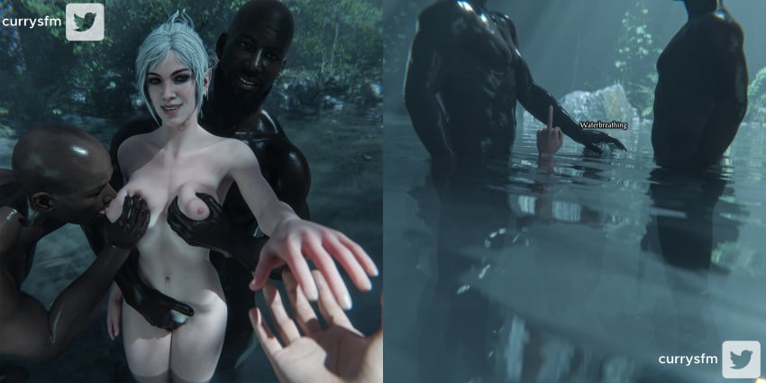 1girls 2boys 3d areola areolae baldur's_gate_3 big_breasts breast_grab breasts cuckold currysfm dark-skinned_male grabbing_breasts groping_breasts groping_from_behind implied_fellatio interracial licking_nipples netorare shadowheart submerged threesome underwater_blowjob