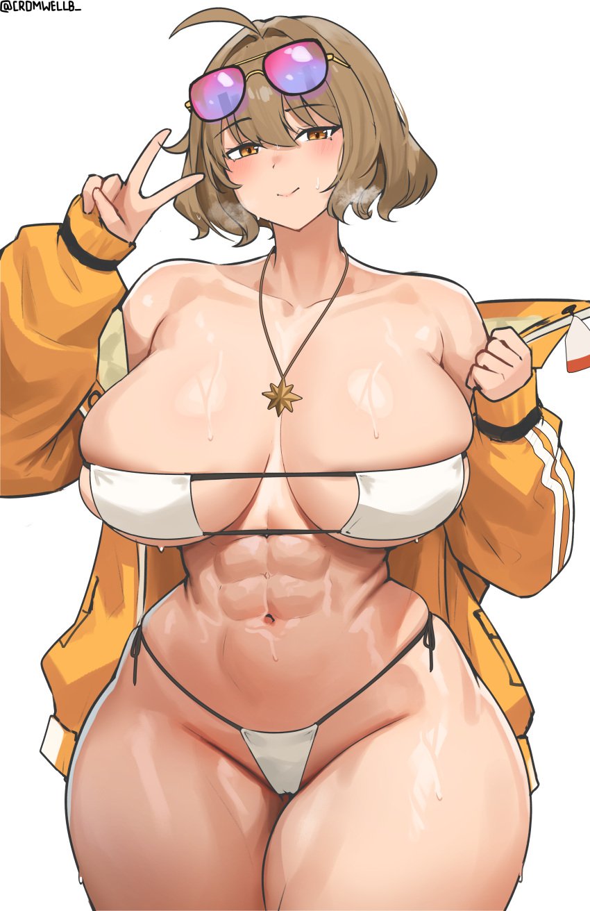 1girls abs anis_(nikke) anis_(sparkling_summer)_(nikke) bikini breasts brown_eyes brown_hair cleavage cromwellb eyepatch_bikini female goddess_of_victory:_nikke hi_res hips huge_breasts light-skinned_female light_skin short_hair simple_background thick_thighs thighs wide_hips