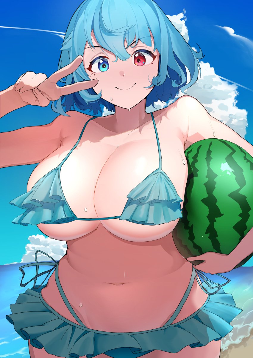 1girls beach big_breasts bikini blue_eyes blue_hair breasts clouds detailed_background fruit heterochromia kogasa_tatara light-skinned_female peace_sign red_eyes sand short_skirt sky solo solo_female thick_thighs thighs thong touhou underboob urizaku3 water watermelon wet