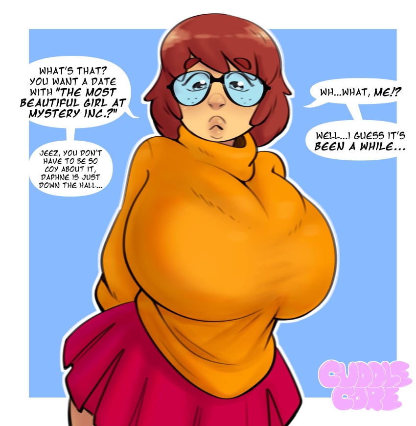 big_breasts breasts brown_hair brunette busty cuddlecore fat_breasts freckles glasses huge_breasts insecure oblivious orange_sweater red_skirt scooby-doo top_heavy velma_dinkley