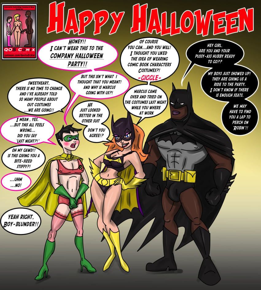 1girls 2boys batgirl_(cosplay) batman_(cosplay) bra comic cosplay crossdressing cuckold cuckolding dark-skinned_male dc dc_comics english_text female femdom light-skinned_female light-skinned_male makeup male netorare panties penis_outline pink_panties qos qos_comix queen_of_spades robin_(dc)_(cosplay) sissy small_penis stockings