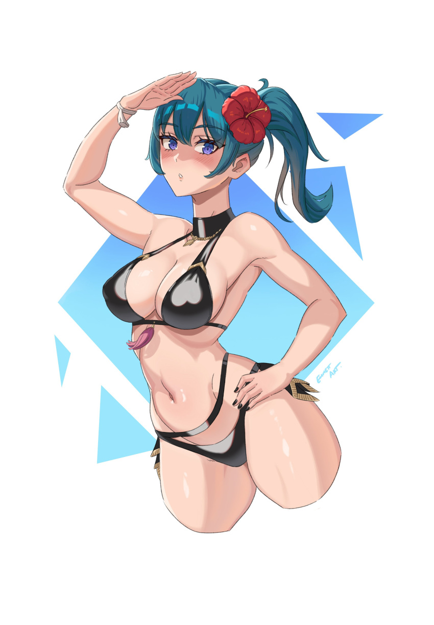 1girls 2024 absurdres alternate_costume alternate_hairstyle artist_name bikini black_bikini black_swimsuit blue_eyes breasts byleth_(fire_emblem) byleth_(fire_emblem)_(female) byleth_(summer)_(fire_emblem)_(female) cleavage emmettart female female_only fire_emblem fire_emblem:_three_houses fire_emblem_heroes flower flower_in_hair hair_flower hair_ornament highres large_breasts latex latex_bikini light-skinned_female light_skin nintendo official_alternate_costume ponytail short_hair solo swimsuit teal_hair watermark