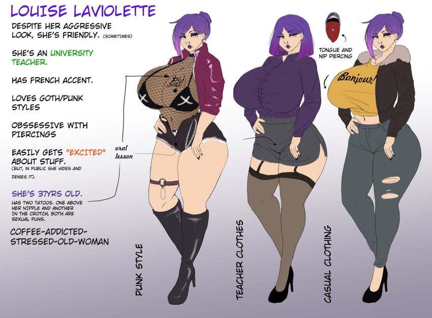 1girls 2024 big_breasts character_sheet duolingo jebjebbz lily_(duolingo) louise_laviolette piercing purple_hair tagme tagme_(character) tattoo teacher thick_thighs thighs tongue_out tongue_piercing voluptuous