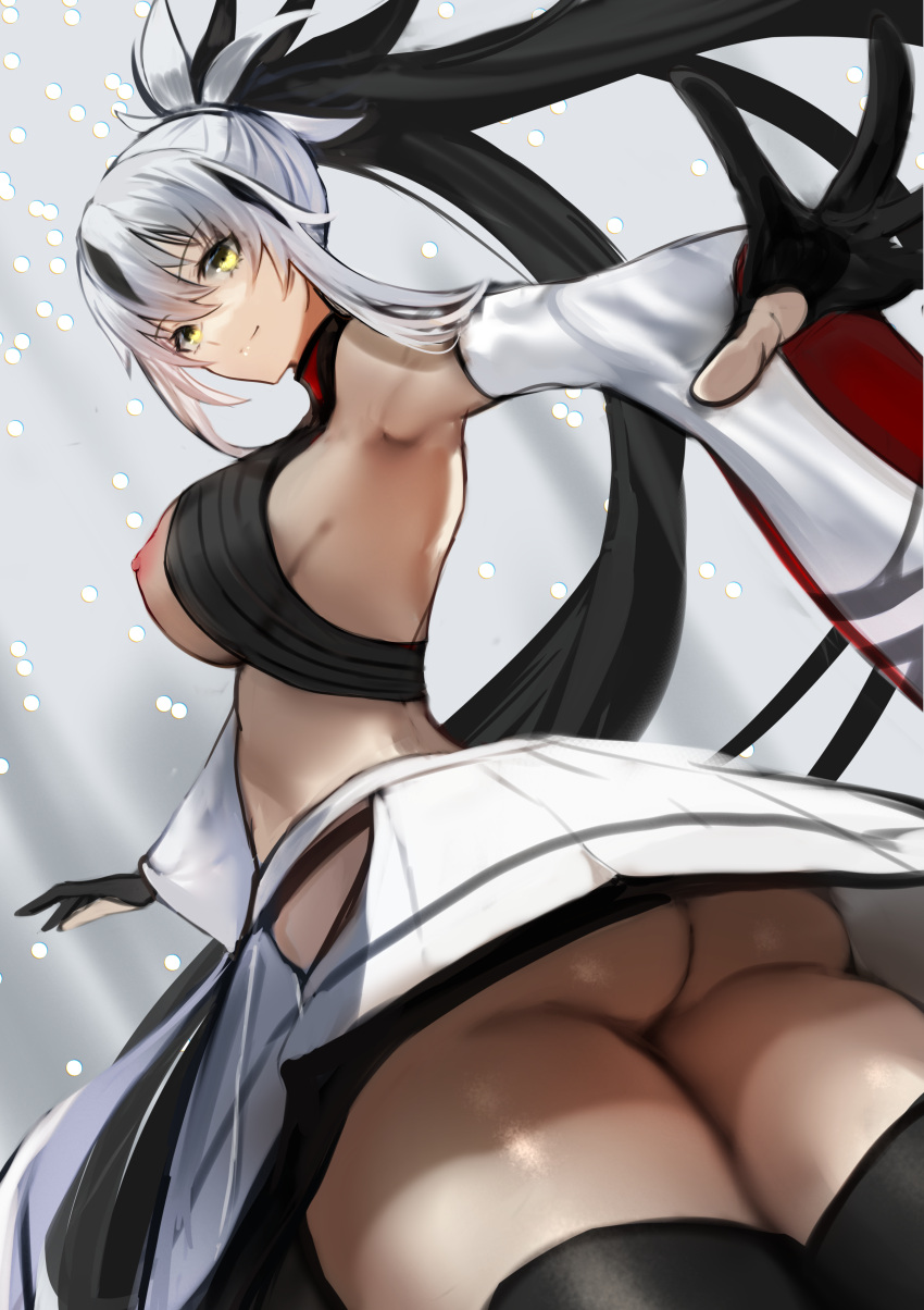 absurdres armpits ass black_hair commission fate/grand_order fate_(series) female highres jikihatiman nagao_kagetora_(fate) nipples ponytail skeb_commission white_hair