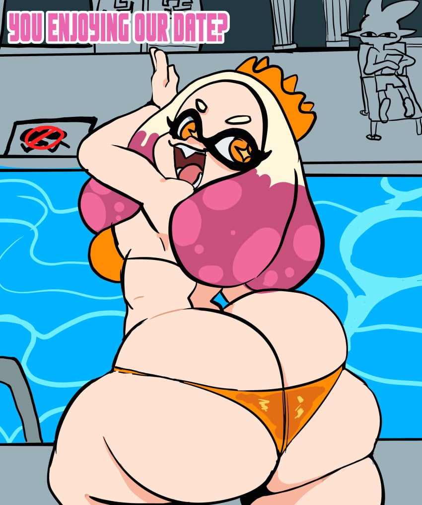 bikini gigantic_breasts half-dressed huge_ass huge_breasts inkling inkling_boy inkling_girl lemonadepikachu looking_at_viewer looking_back nintendo pearl_(splatoon) poolside splatoon splatoon_(series) splatoon_2 splatoon_3 squid squid_girl squid_humanoid swimming_pool swimsuit swimwear white_hair