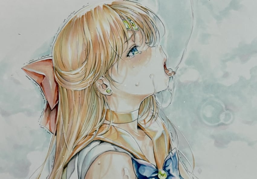 bishoujo_senshi_sailor_moon blonde_hair blue_eyes bow clothing cum cum_in_mouth cum_on_tongue earrings facial female hair_ribbon headgear jewelry katsu_(24791909) long_hair marker_(medium) ribbon sailor_venus sweat tearing_up traditional_media