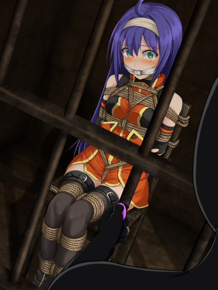 1girls ahoge bare_thighs belt blush bondage boots bound bound_arms bound_legs bound_to_chair bound_wrists breasts captured chair cleave_gag crying crying_with_eyes_open dress dungeon female female_focus femsub femuto fingerless_gloves fire_emblem fire_emblem:_path_of_radiance fire_emblem:_radiant_dawn gag gloves green_eyes headband imminent_rape improvised_gag indoors knot_gag long_hair looking_at_viewer medium_breasts mia_(fire_emblem) nintendo prison_bars purple_hair rape remote_control remote_control_vibrator restrained rope rope_bondage scared sex_toy sitting sleeveless solo_focus sweater thighhighs thighs vaginal_penetration very_long_hair vibrator wide_eyed