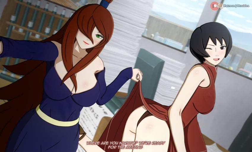 2girls 3d arm_support bare_ass big_ass big_breasts black_eyes black_hair blush boruto:_naruto_next_generations breast_size_difference brown_hair china_dress chinese_clothes commentary desk dialogue dress dress_lift english_text female female/female female_only g-string green_eyes hokage_office indoors invitation inviting inviting_to_sex koikatsu kurotsuchi lifted_by_another looking_at_viewer looking_back looking_back_at_viewer mature mature_female mei_terumi milf mizukage multiple_girls naruto naruto_(series) office offscreen_male one_eye_closed otsukira panties pants patreon_username petite presenting presenting_ass raised_leg selfie short_hair skirt skirt_lift small_breasts smile taking_selfie talking talking_to_another talking_to_partner text tsuchikage uzumaki_naruto watermark wink