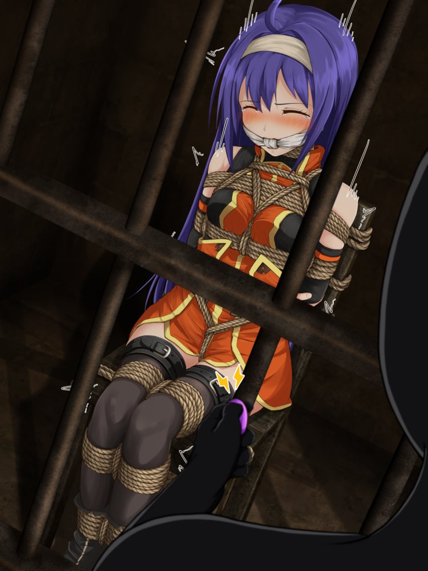 1girls ahoge bare_thighs belt blush bondage boots bound bound_arms bound_legs bound_to_chair bound_wrists breasts captured chair cleave_gag closed_eyes crying dress dungeon female female_focus femsub femuto fingerless_gloves fire_emblem fire_emblem:_path_of_radiance fire_emblem:_radiant_dawn gag gloves headband improvised_gag indoors knot_gag long_hair medium_breasts mia_(fire_emblem) nintendo prison_bars purple_hair rape remote_control remote_control_vibrator restrained rope rope_bondage sex_toy sitting sleeveless solo_focus sweater thighhighs thighs trembling vaginal_penetration very_long_hair vibrator