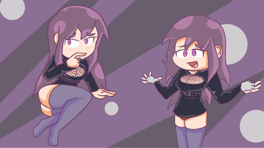 2d 2d_(artwork) blush female female_focus female_human female_only fishnet jacket legwear oc one_girl original_character purple_background purple_eyes purple_hair self_upload shy tight_clothes tuubaa white_eyes youtube