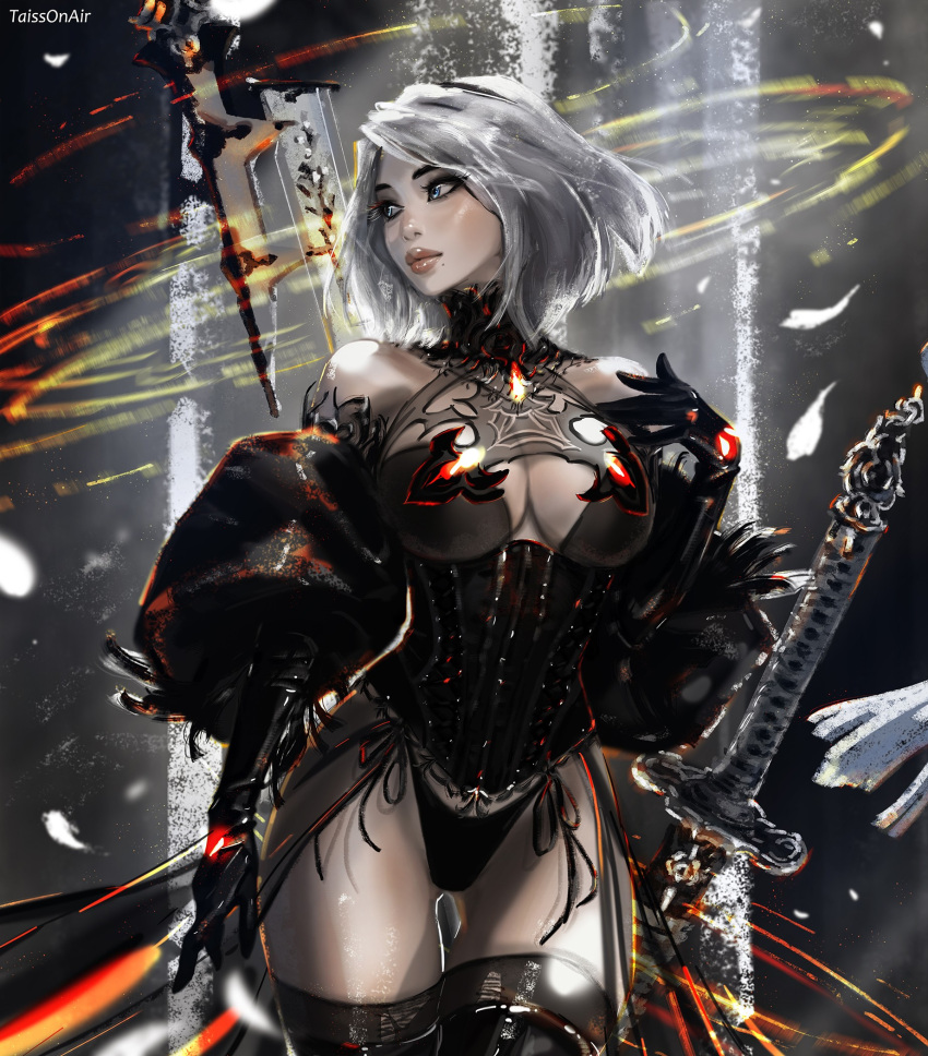 1girls blue_eyes breast breasts breasts cleavage curvaceous curvaceous_body curves curvy curvy_body curvy_female curvy_figure exposed_breast exposed_breasts female female female_only hourglass_figure inner_sideboob light-skinned_female light_skin nier nier:_automata sideboob solo solo_female tattiart voluptuous voluptuous_female white_hair yorha_2b