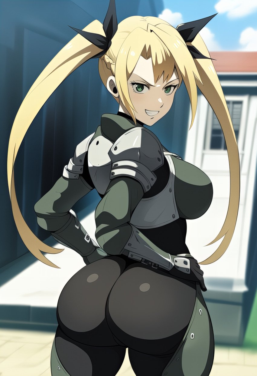 1girls ai_generated ass ass ass_cleavage back_view big_ass big_butt blonde_hair bodysuit clothed clothed_female clothing dat_ass eyebrows eyelashes female female_only from_behind green_eyes grin hand_on_hip huge_ass huge_butt kaiju_no.8 kikoru_shinomiya legs light-skinned_female light_skin looking_at_viewer looking_back novelai open_eyes pale-skinned_female pale_skin presenting round_ass round_butt shinomiya_kikoru showing_off solo solo_female standing thighs tied_hair tight_clothing tight_fit twintails white_skin