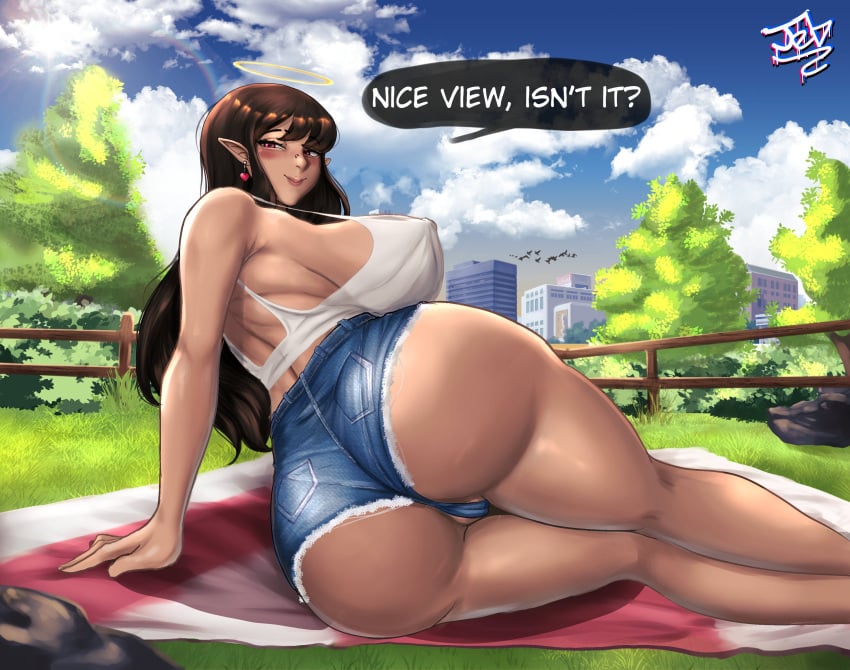 1girls big_ass big_breasts brown_hair clothed clothing confident_female dat_ass earrings elf_ears female first_person_view halo heart-shaped_pupils jeans jebjebbz lipstick looking_at_viewer malicia_(jebjebbz) original original_character outside piercing piercings pov red_eyes shorts showing_off showing_off_ass sideboob smug succubus tagme tagme_(character)