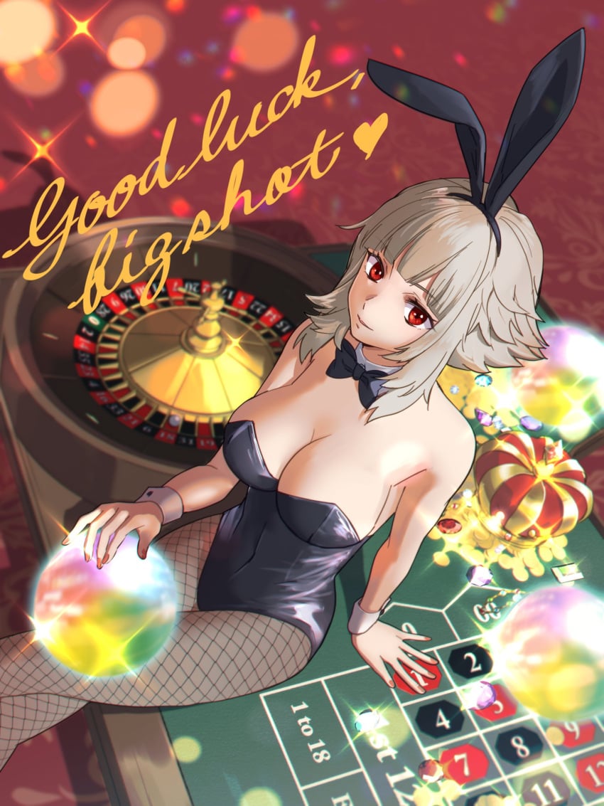 1girls alternate_costume alternate_hairstyle animal_ears bow bowtie breasts bunny_ears bunny_girl bunnysuit casino chromatic_aberration cleavage commission crown english_text female female_only fire_emblem fire_emblem_heroes fishnet_pantyhose fishnets from_above glint grey_hair heart highres indoors jewelry large_breasts leotard light_particles looking_at_viewer looking_up minorudonguri nail_polish nintendo official_alternate_hairstyle orb pantyhose playboy_bunny poker_chip rabbit_ears red_eyes roulette_table short_hair sidelocks sitting sitting_on_table skeb_commission smile table veronica_(fire_emblem) veronica_(princess_rising)_(fire_emblem)