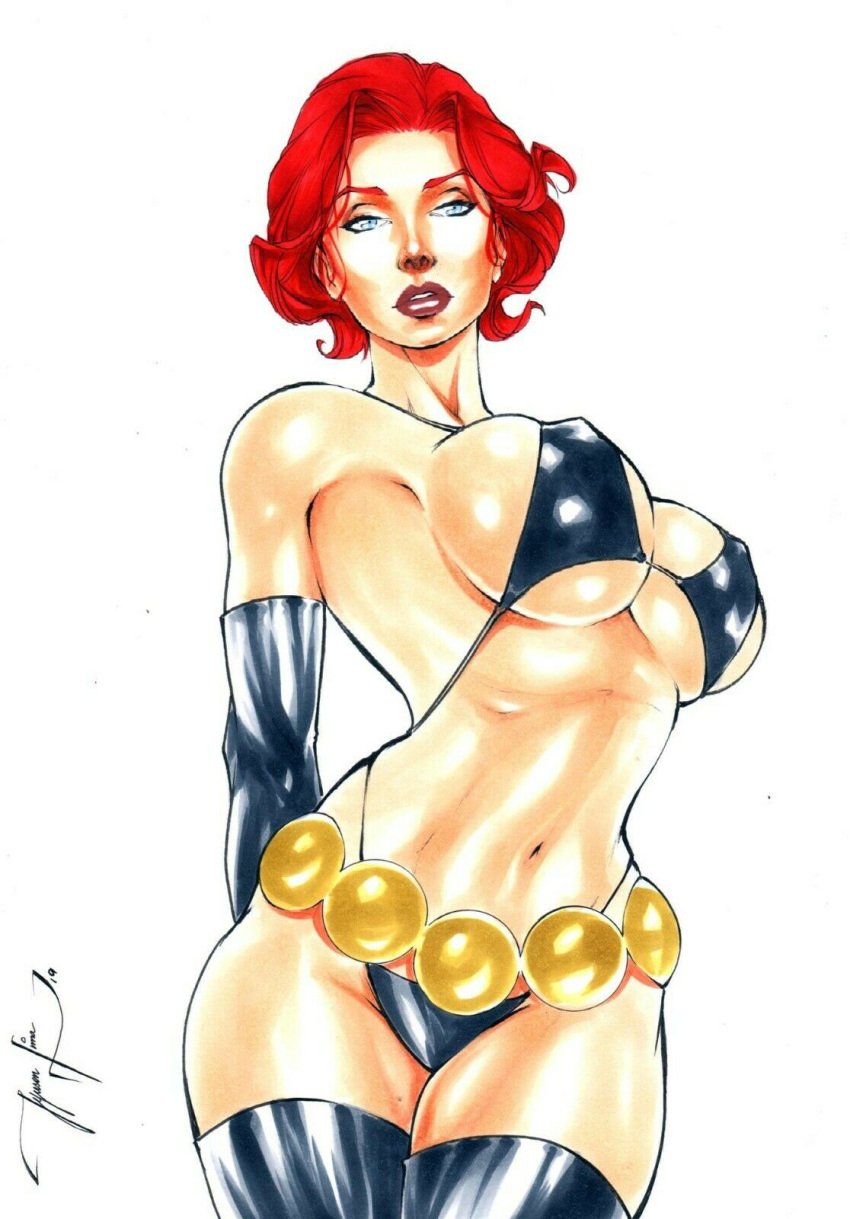 artist_name avengers black_widow_(marvel) ed_benes_studio female_focus female_only hi_res jeferson_lima latex_bikini latex_gloves marvel marvel_comics natasha_romanoff red_hair short_hair signature solo voluptuous voluptuous_female