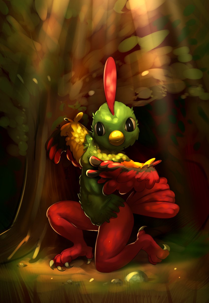 1girls 2018 4_toes anthro anthrofied ass avian beak black_eyes breasts claws elpatrixf feathers feet female female_only forest grass green_background green_feathers kneeling looking_at_viewer natu nintendo nipples no_nipples nude outdoors pokemon pokemon_(species) pokemon_gsc pokemorph pussy red_feathers solo talons text tree video_games watermark wings wood yellow_feathers yellow_sclera