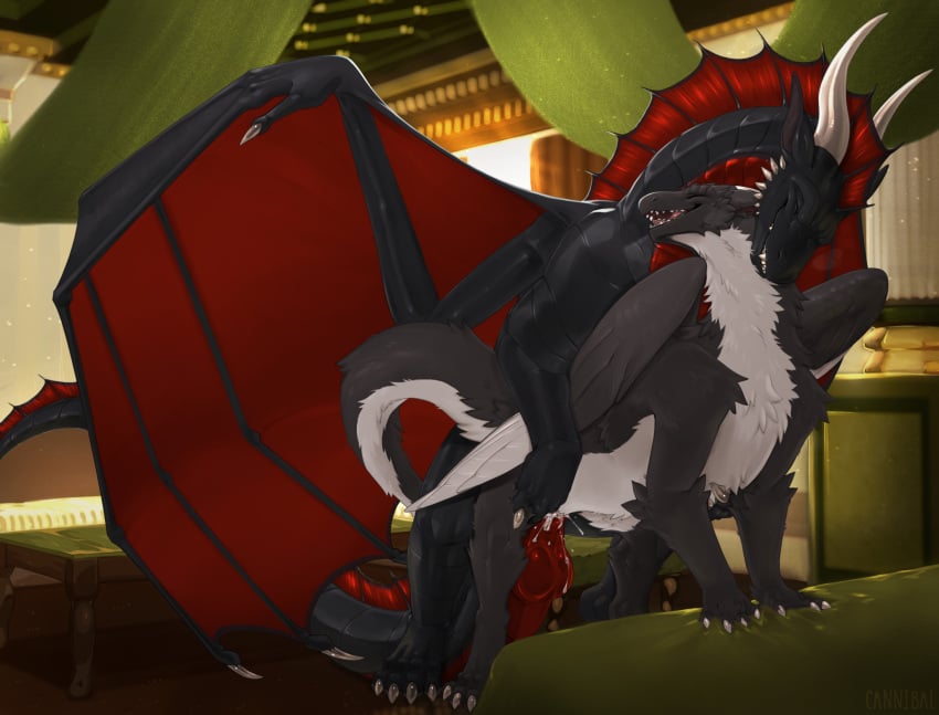 balls black_body black_fur cannibalistic_tendencies claws dragon duo erection female feral fur furred_dragon furred_scalie genitals grey_claws hi_res horn male male/female membrane_(anatomy) membranous_wings mythological_creature mythological_scalie mythology penetration pink_pussy pussy red_membrane scalie vaginal_penetration vaginal_penetration white_body white_fur white_horn wings