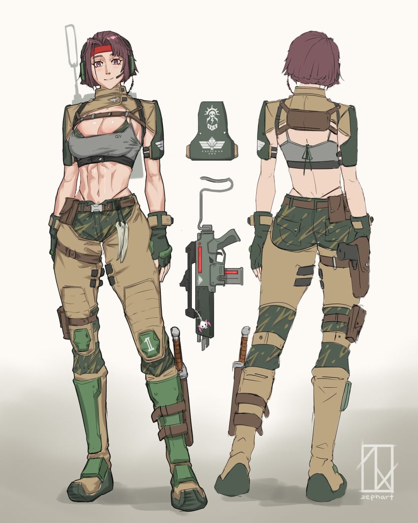 abs absurdres ammunition_pouch armor artist_name astra_militarum belt_pouch boot_knife boots breasts camouflage catachan_jungle_fighter charm_(object) cleavage fangs female fingerless_gloves gloves greaves gun handgun headband headset highres holster imperial_guard knee_pads knife large_breasts lasgun looking_at_viewer military_uniform pauldrons pink_eyes pouch radio red_headband short_hair shoulder_armor signature skull smile solo submachine_gun toned warhammer_(franchise) warhammer_40k weapon zephart