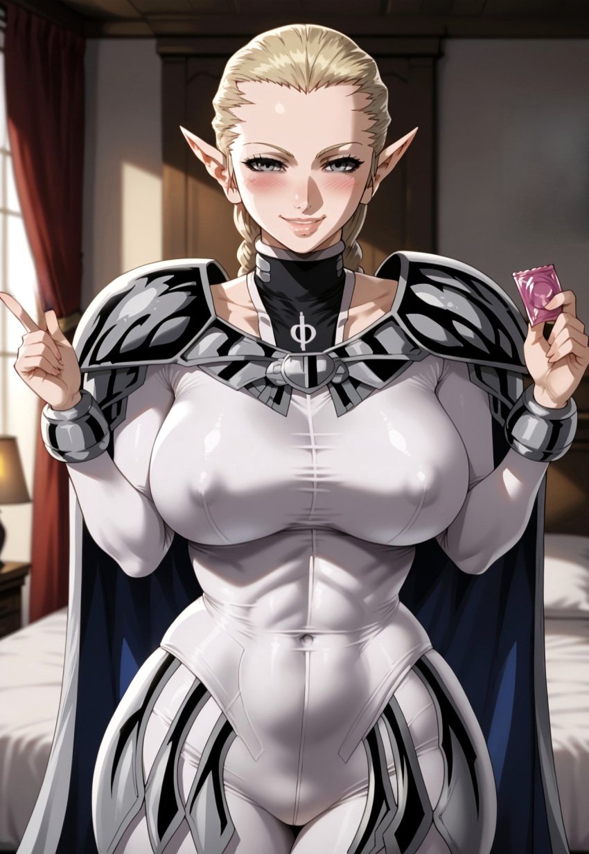 1girls ai_generated bedroom blonde_hair blush bodysuit cape claymore condom curvaceous_figure female grey_eyes holding_condom huge_breasts large_breasts ophelia_(claymore) pauldrons pointy_ears remington34 single_braid smile thicc_thighs wide_hips