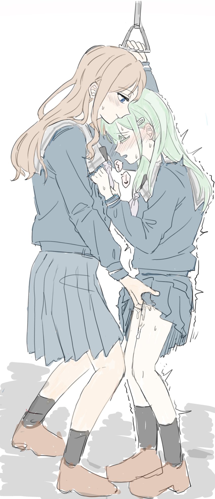 2girls absurdres bang_dream! bang_dream!_it's_mygo!!!!! black_socks blue_eyes blue_shirt blue_skirt blush brown_hair brown_shoes closed_eyes closed_mouth clothes_grab commentary_request ear_blush female fingering green_hair highres long_hair multiple_girls nagasaki_soyo open_mouth pleated_skirt pussy_juice sailor_collar school_uniform shirt shirt_grab shoes simple_background skirt socks standing sweat trembling tsukinomori_school_uniform wakaba_mutsumi white_background white_sailor_collar wsmm yuri