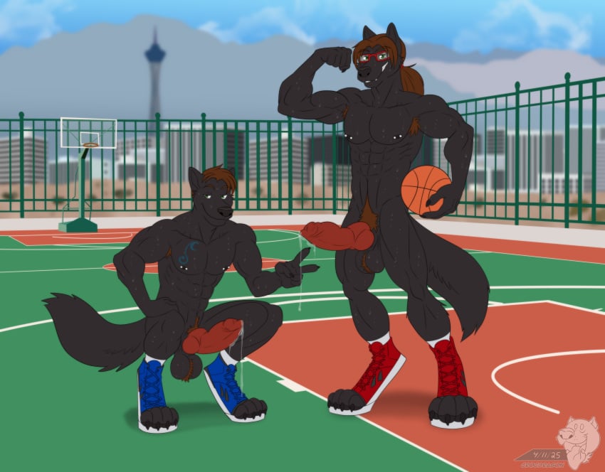 abs absurd_res animal_genitalia animal_penis anthro balls biceps black_body black_fur bodily_fluids brown_hair canid canine canis clothing crocdragon89 digital_media_(artwork) duo erection footwear fur genitals hair hi_res male male/male mammal max_iouko muscular muscular_anthro muscular_male nipples nude pecs penis ryusei_iouko shoes sibling_(lore) sneakers sweat tail teeth twins_(lore) wolf