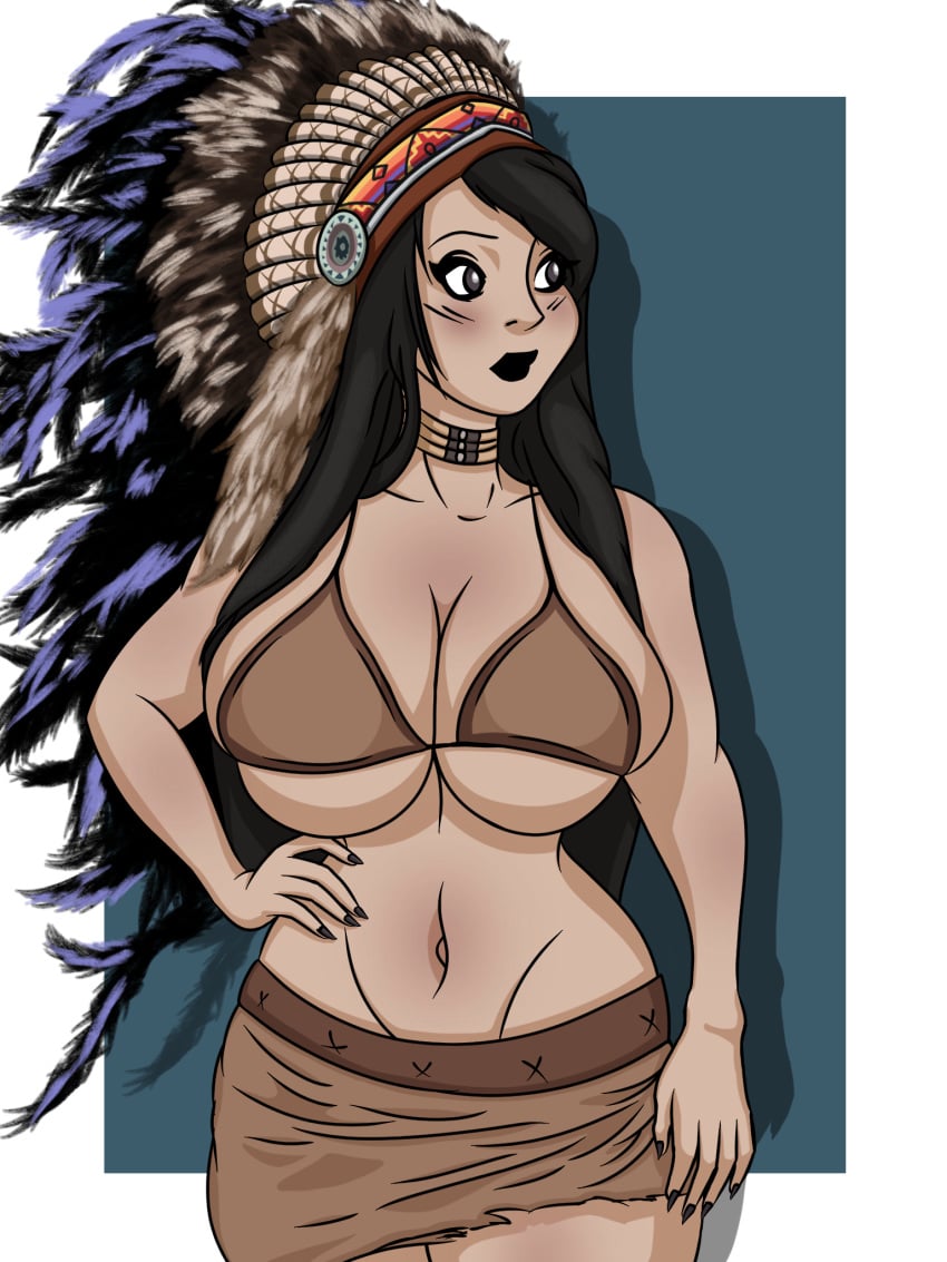 1girls bedaxe big_breasts bikini bikini_top black_eyes black_hair breasts choker feathers hand_on_hip hitomi_tanaka hourglass_figure huge_breasts native native_american native_american_headdress skirt tribal