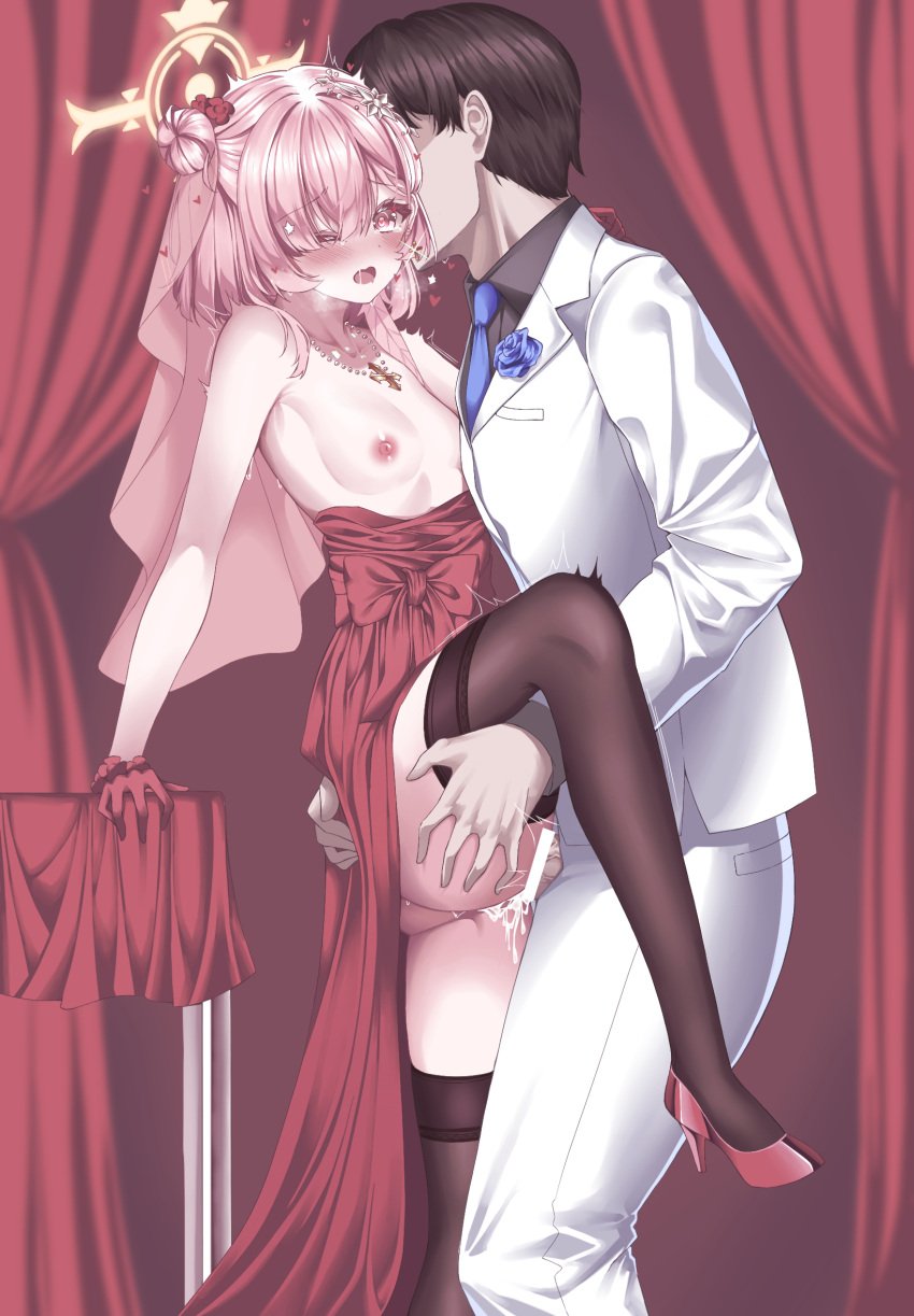 1boy alternate_costume amerika_neko arm_support ass_visible_through_thighs bar_censor bare_shoulders black_shirt blue_archive blue_necktie blush bow breasts censored clothed_sex collarbone collared_shirt commentary cross cross_earrings cross_necklace cum cum_in_pussy curtains dress dress_bow drooling earrings eyelashes feather_hair feet_out_of_frame female flower foot_out_of_frame formal_clothes from_side furrowed_brow glint gloves hair_bun hair_flower hair_ornament halo happy_sex heart heart-shaped_pupils high_heels highres indoors jewelry leg_lift legs looking_at_viewer male medium_hair mouth_drool necklace necktie nipples no_bra no_panties one_eye_closed open_mouth pink_eyes pink_hair red_bow red_dress red_flower red_gloves red_shoes sensei_(blue_archive) serina_(blue_archive) sex shirt shoes short_hair single_side_bun small_breasts standing standing_sex straight strapless strapless_dress suit sweat symbol-shaped_pupils thighs tiara torogao twitching vaginal_penetration wavy_mouth white_suit yellow_halo