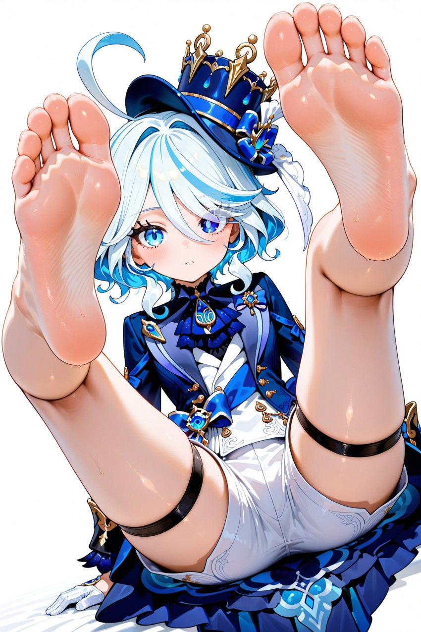 ai_generated bare_legs bare_thighs barefoot blue_eyes blue_hair dress feet feet_focus foot_fetish furina_(genshin_impact) genshin_impact gloves hat legs legs_apart legs_up multicolored_hair pants pov pov_feet short_hair sitting soles toes white_gloves white_hair wrinkles